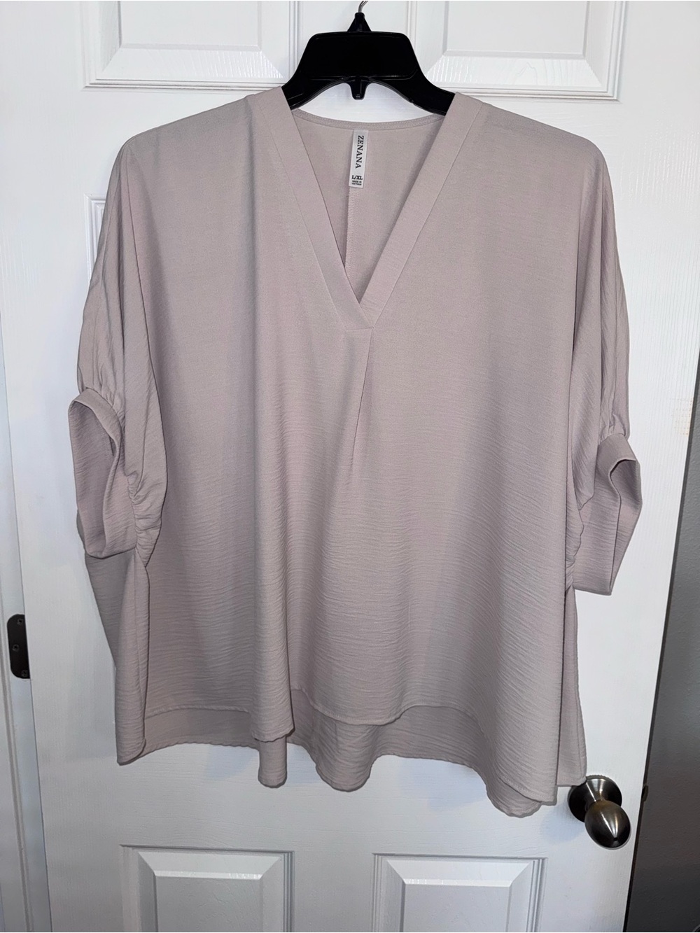 Zanana Women's V-Neck Textured Blouse in Light Taupe